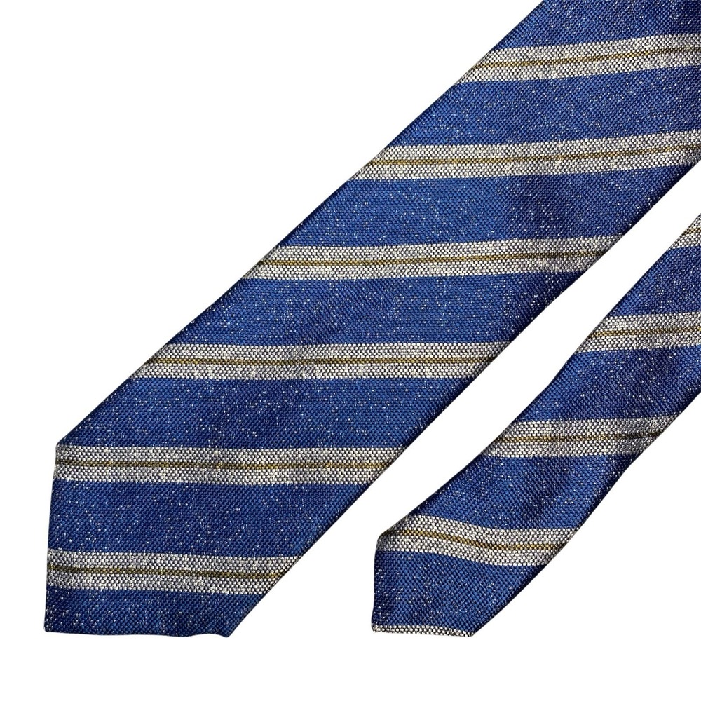 Geoff Nicholson Tie 61x3.25 Silk Blue Silver Gold Stripe Speckled Italy